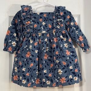 Carter's Baby Girl Corduroy Navy and Coral Floral Dress Long Sleeve with Ruffles